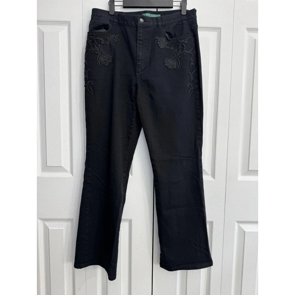 Lauren Ralph Lauren Jeans Women's 12 Black Denim Embroidered Zip-Fly‎ Hipster